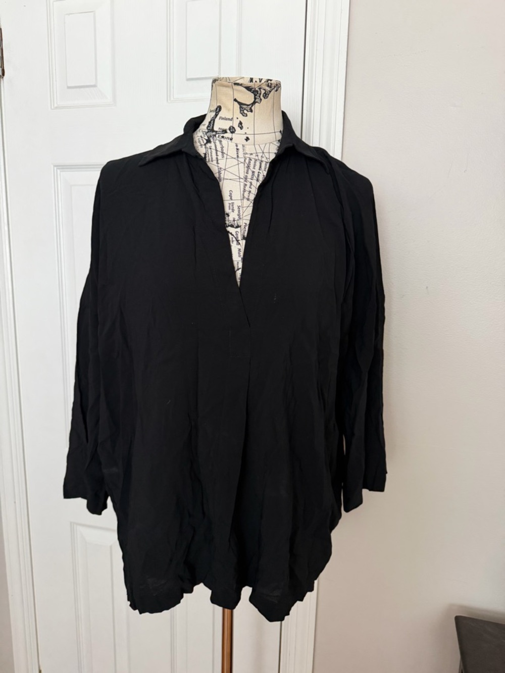 Vince popover tunic blouse Black Top 3/4 sleeve oversized Sz M collar minimalist